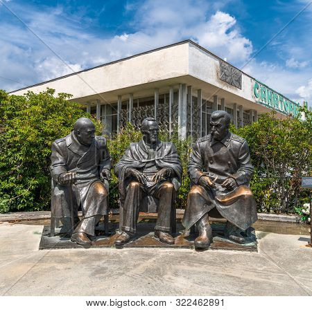 Livadia, Crimea - July 10. 2019. Monument To Stalin, Roosevelt And Churchill For Anniversary Of Conf