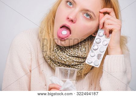 Headache And Fever Remedies. Woman Sick Person Hold Glass Water And Tablets Blister. Take Pills Reli