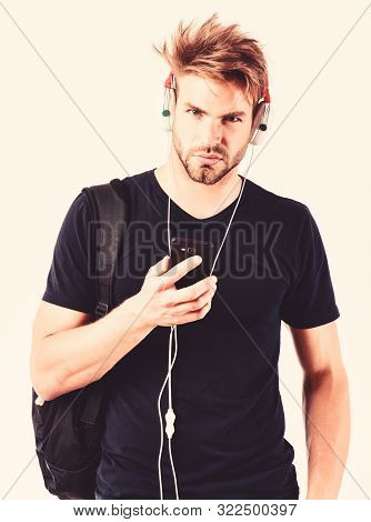 Relaxing With Melodious Sound. Unshaven Man Listening Music In Headset. Sexy Muscular Man Listen Spo