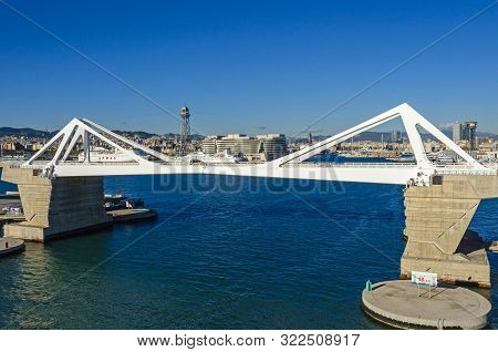 Barcelona, Spain - November 10, 2018: Cruise Port With Its Bridge Porta Deuropa,  World Trade Center