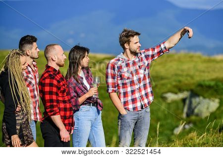 Selfie Time Concept. People In Nature Taking Happy Selfie Landscape Background. Capturing Memories. 