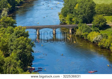 view over patchwork fields and river of the Dordogne valley from Domme, Aquitane, France