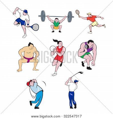 Set Or Collection Of Cartoon Character Sport Mascot Style Illustration Of A Sumo Wrestler, Tennis Pl
