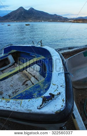 Fishing Boats On The Shore In The Morning In Isleta Del Moro Village In Cabo De Gata, Almeria, Spain