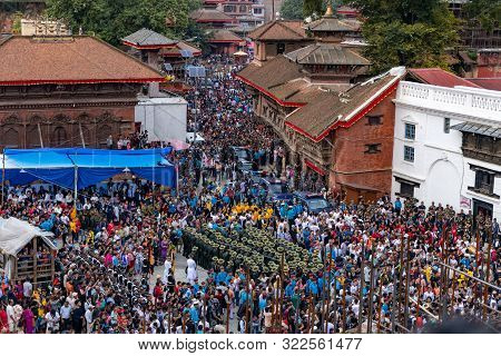 Kathmandu, Nepal - September 13 2019: Crowd Of People Gathers To Watch And Celebrate Indra Jatra Fes