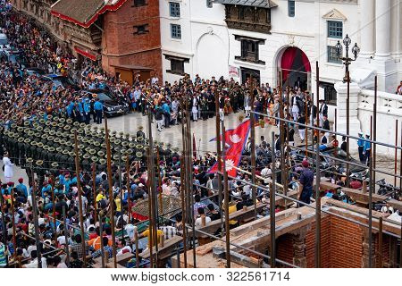 Kathmandu, Nepal - September 13 2019: Crowd Of People Gathers To Watch And Celebrate Indra Jatra Fes
