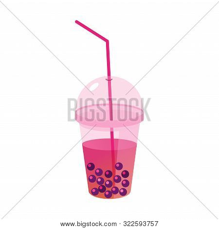 Milk Tea With Tapioca Balls In A Flat Style. Tapioca In A Plastic Transparent Glass With A Straw. Su