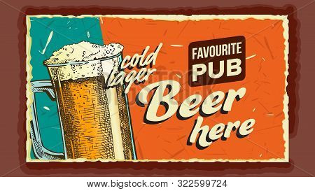 Cold Lager Beer Glass Advertising Banner Vector. Full Cup With Ice Alcoholic Liquid Beer On Promotio