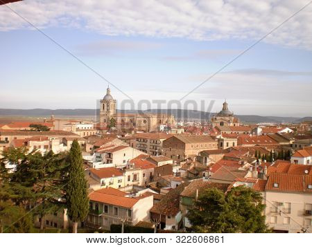 Aerial Shot Of The Skyline Of The Romanian Style Village In Ciudad Rodrigo. December 8, 2011. City R