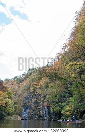 Geibikei Gorge River Cruises In Autumn Foliage Season. Beautiful Scenery Landscapes View In Sunny We