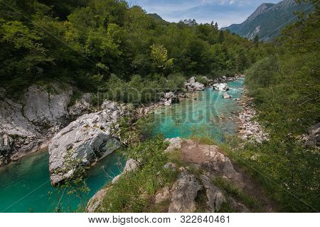 Wonderful View Of Soca River Valley In Slovenia