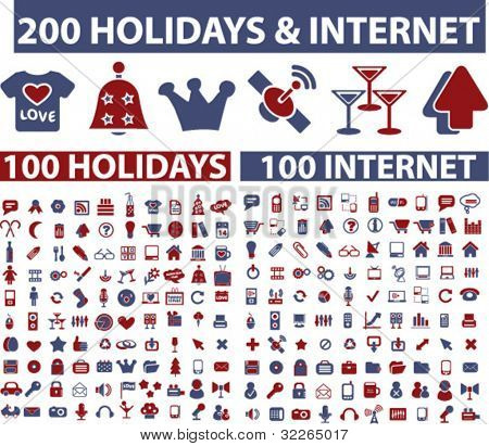 200 Ferien & Internet Symbole, Zeichen, Vektor Illustrationen