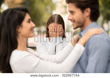 New Love. Woman Crying, Watching Her Ex Boyfriend Starts Happy Love Relations, Park Background