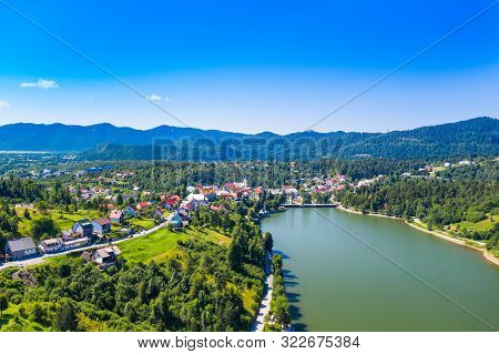 Town Of Fuzine On Beautiful Lake Bajer, Gorski Kotar Region, Croatia, From Drone