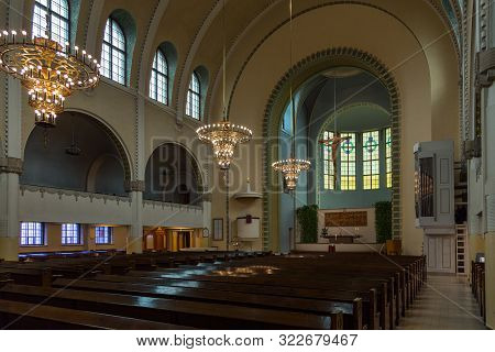 Helsinki, Finland- 28 February 2015: The Interior Of Kallio Church In Helsinki, Lutheran Church In T