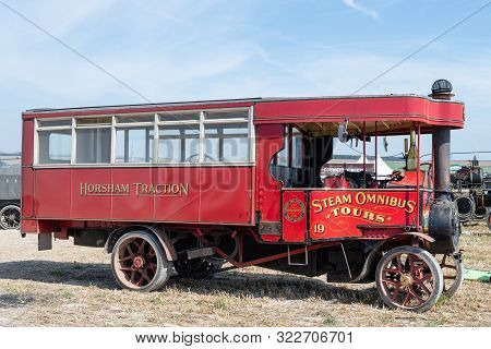 Blandford Forum.dorset.united Kingdom.august 24th 2019.a Red Foden Steam Powered Bus Is On Display A