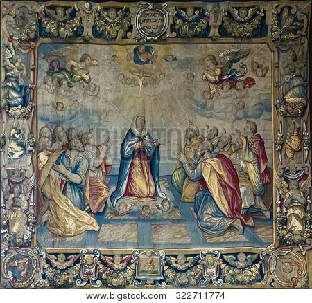 Como, Italy - April 16, 2019: Detail Of The Tapestry From Como Cathedral In Italy. Como Cathedral Is