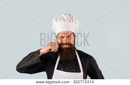 Chief Cook And Professional Culinary. Bearded Man In Kitchen Apron. Male Cook In Chef Hat. Chef, Coo