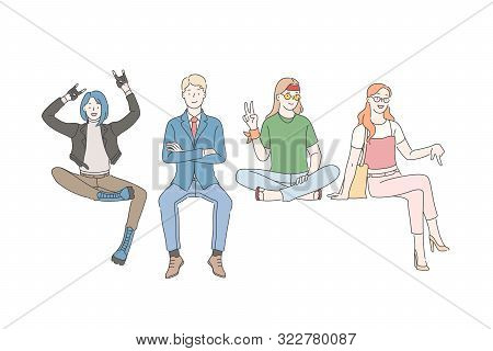 Different People On The Banner Concept Set. Young Business Man, Adult Woman, Girl Punk And Guy Of Hi