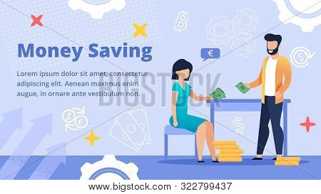 Informative Banner Inscription Money Saving, Flat. Husband And Wife Make  Budget. Happy People Spend