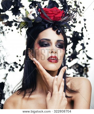 Pretty Brunette Woman With Rose Jewelry, Black And Red, Bright Make Up Kike A Vampire Closeup Red Li