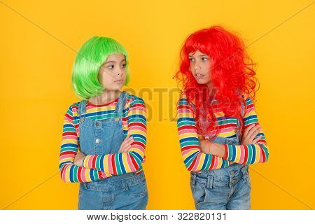 Change Color. Kids Girls With Vibrant Hairstyle. Pigment Dye Hair. Freedom For Expression. Fantasy H