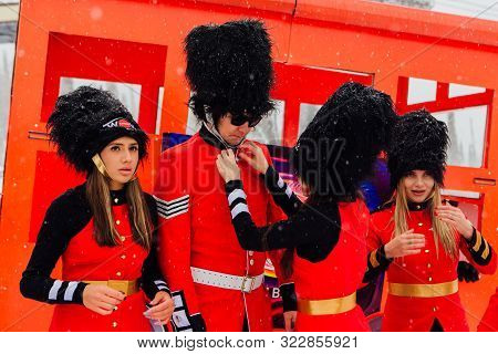 Sheregesh, Kemerovo Region, Russia - April 06, 2019: Young People In English Royal Guardsmen Costume