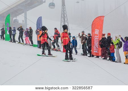 Sheregesh, Kemerovo Region, Russia - April 06, 2019: Young People In English Royal Guardsmen Costume