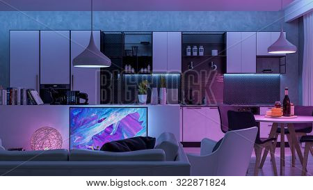 Modern Livingroom With Colored Led Light - Smart Home. 3d Render