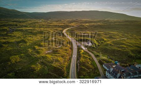 Glen Sligachan And Sligachan Hotel Standing On The Road On Isle Of Skye - Aerial View