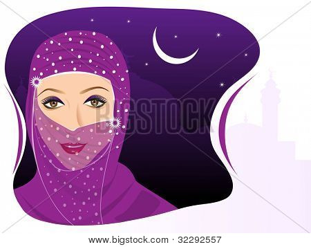 Portrait de jeune fille belle musulmane en hijab sur fond de nuit et de l'espace pour votre texte. EPS 10. Vect