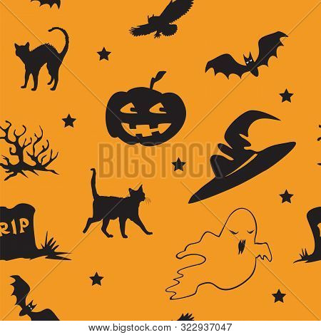 Vector Seamless Pattern With Different Halloween Icons (bat, Owl, Ghost, Grave, Black Cat, Witch Hat
