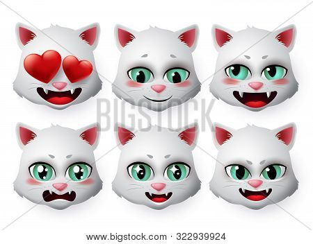Emoji Cat Vector Set. Cats Kitten Face Emoji And Icon In Emotions Of Shy And Inlove  Isolated In Whi