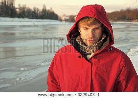 Sexy Man In Winter Clothes. Warm Clothes For Cold Season. Man Traveling In Winter, Nature. Winter Fa
