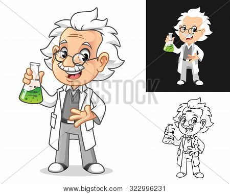 Happy Old Man Professor with Glasses Holding Potion in an Erlenmeyer Flask Cartoon Character Design, Including Flat and Line Art Designs, Vector Illustration, in Isolated White Background.