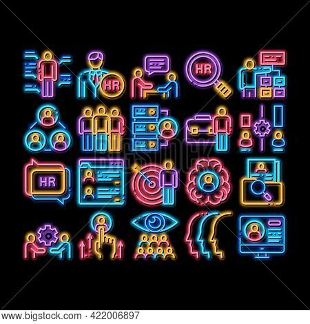 Hr Human Resources Neon Light Sign Vector. Glowing Bright Icon Hr Management And Research, Strategy 