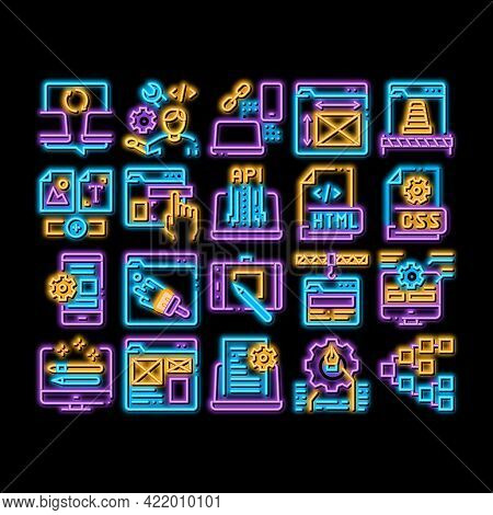 Front End Development Neon Light Sign Vector. Glowing Bright Icon Front End It Sphere, Html And Css 