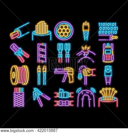 Optical Fiber Cable Neon Light Sign Vector. Glowing Bright Icon Fiber Repair Instrument And Electric