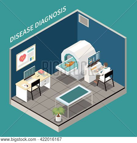 Veterinary Clinic Diagnostic Laboratory Isometric View With Cat Undergoing Mri Scan Test Assistant B