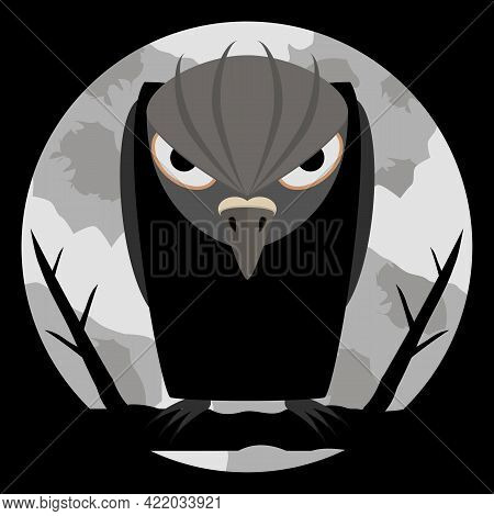 Black Raven With Scary Eyes And Sharp Claws On Night Background And Of A Large Pale Moon. Dark Silho