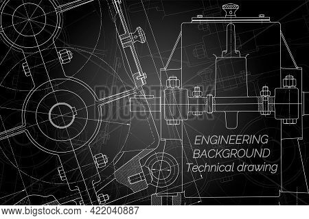 Mechanical Engineering Drawings On Black Background. Reducer. Technical Design. Cover. Blueprint. Ve