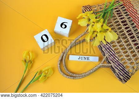 Calendar For June 6: Cubes With The Numbers 0 And 6, The Name Of The Month Of June In English, Yello