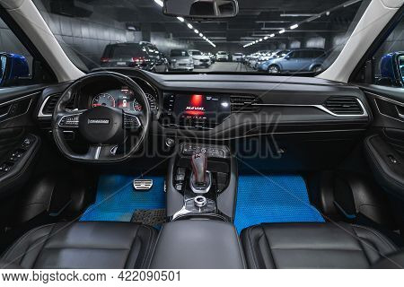Novosibirsk, Russia - May 29, 2021: Haval F7, Salon Of A New Stylish Car, Steering Wheel , Dashboard