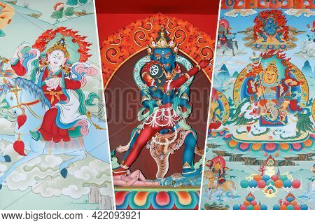 Vertical Photo Collage Of Tibetian Icon Tanka. Travel And Culture Concept