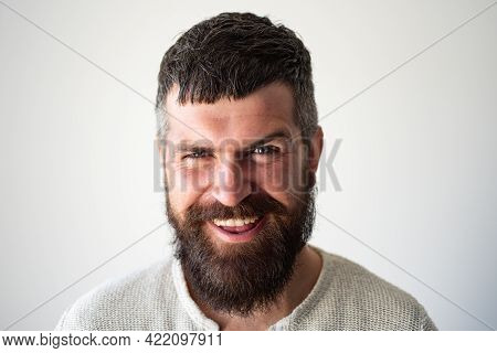 Happy Smiling Bearded Man Portrait. People Emotions, Face Exspression.