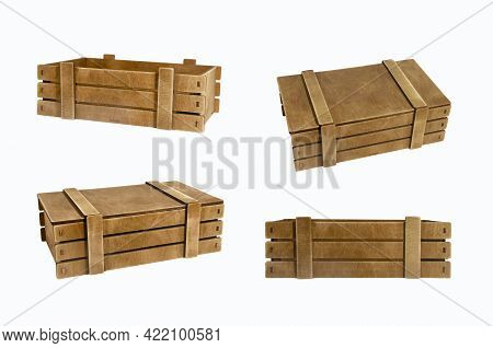 Set Of Wooden Boxes Isolated On A White Background.