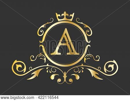 Golden Stylized Letter A Of The Latin Alphabet. Monogram Template With Ornament And Crown For Design