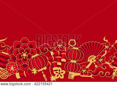 Happy Chinese New Year Ceamless Pattern. Background With Oriental Symbols.