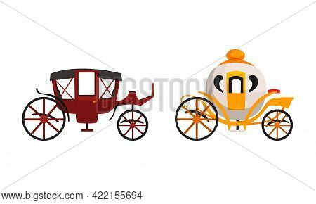 Fairy Brougham Set, Wedding Or Royal Vintage Carriage Flat Vector Illustration