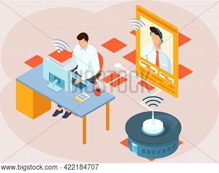 Men Colleagues Communicating Online, Call Center Hotline. Online Support Worker, Telephone Service O